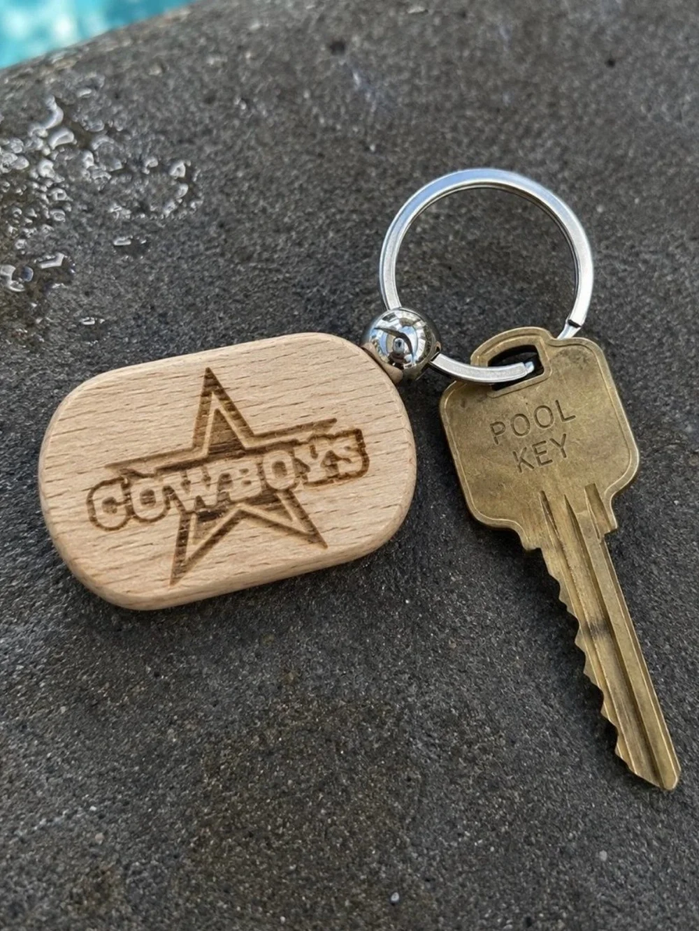 Set of 3 Wooden Cowboys Logo Key Fob - Natural Brown